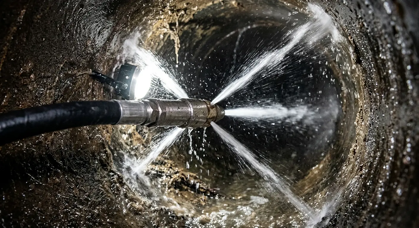 High-pressure hydro jetting nozzle cleaning sewer pipe for Emergency Drain Service in Martha Lake