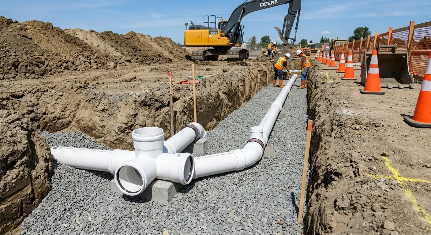 New PVC sewer pipe installation in open trench for Sewer Backup in Martha Lake