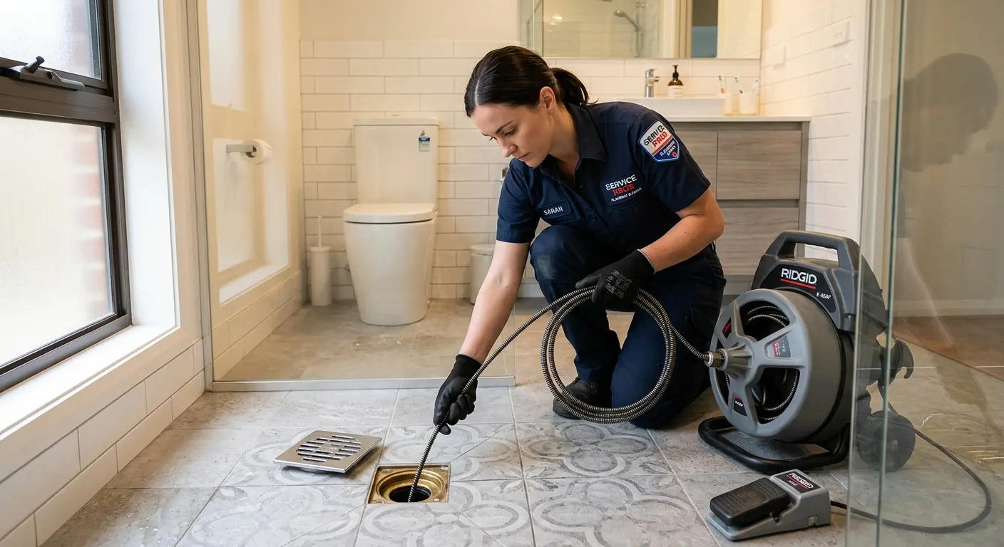 Technician clearing a bathroom floor drain for Sewer Line Replacement in Martha Lake